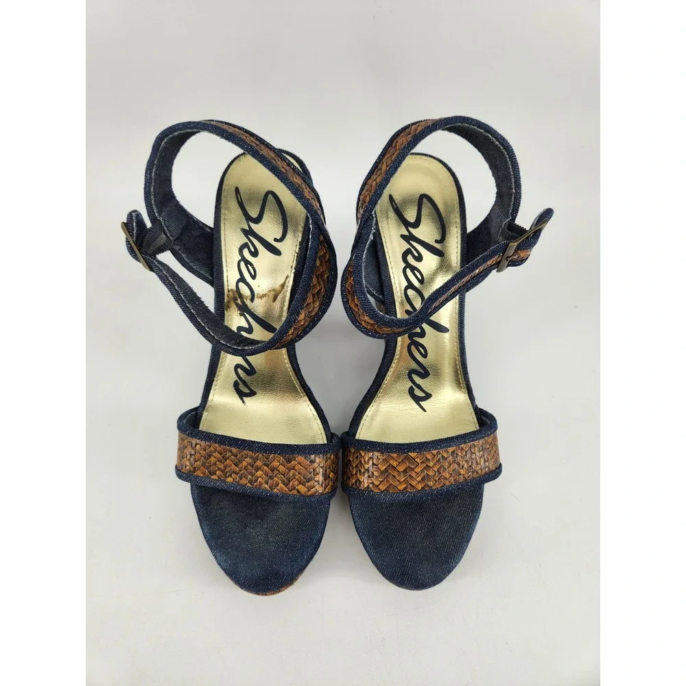 Skechers Wedge Sandals Women 9‎ Blue Denim Brown Woven Platform 38268
